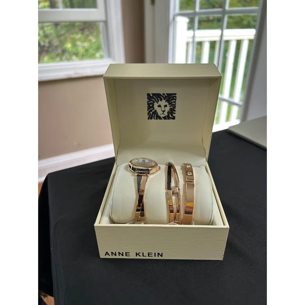 Anne Klein AK/2245GYST Rose Gold Gunmetal Crystal Watch Bracelet Set NWT Box